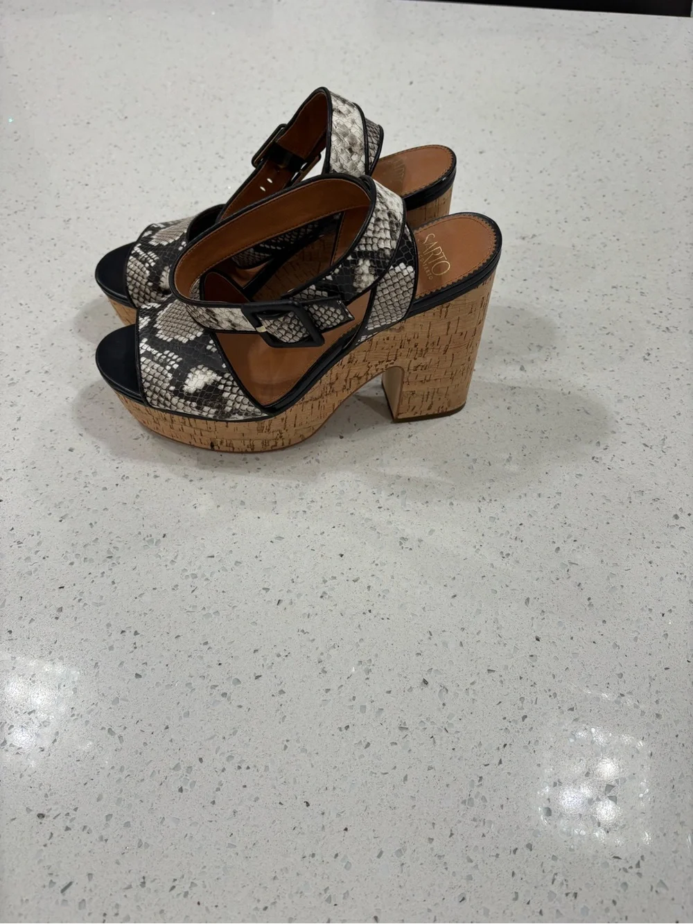 Franco Sarto Black & Cream Snake-Print Cork Wedge Sandals 9m Leather